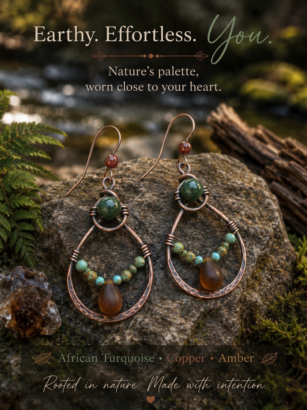 Artisan Made Copper drop Earrings with Moss Agate and Turquoise - Picture 3 of 13